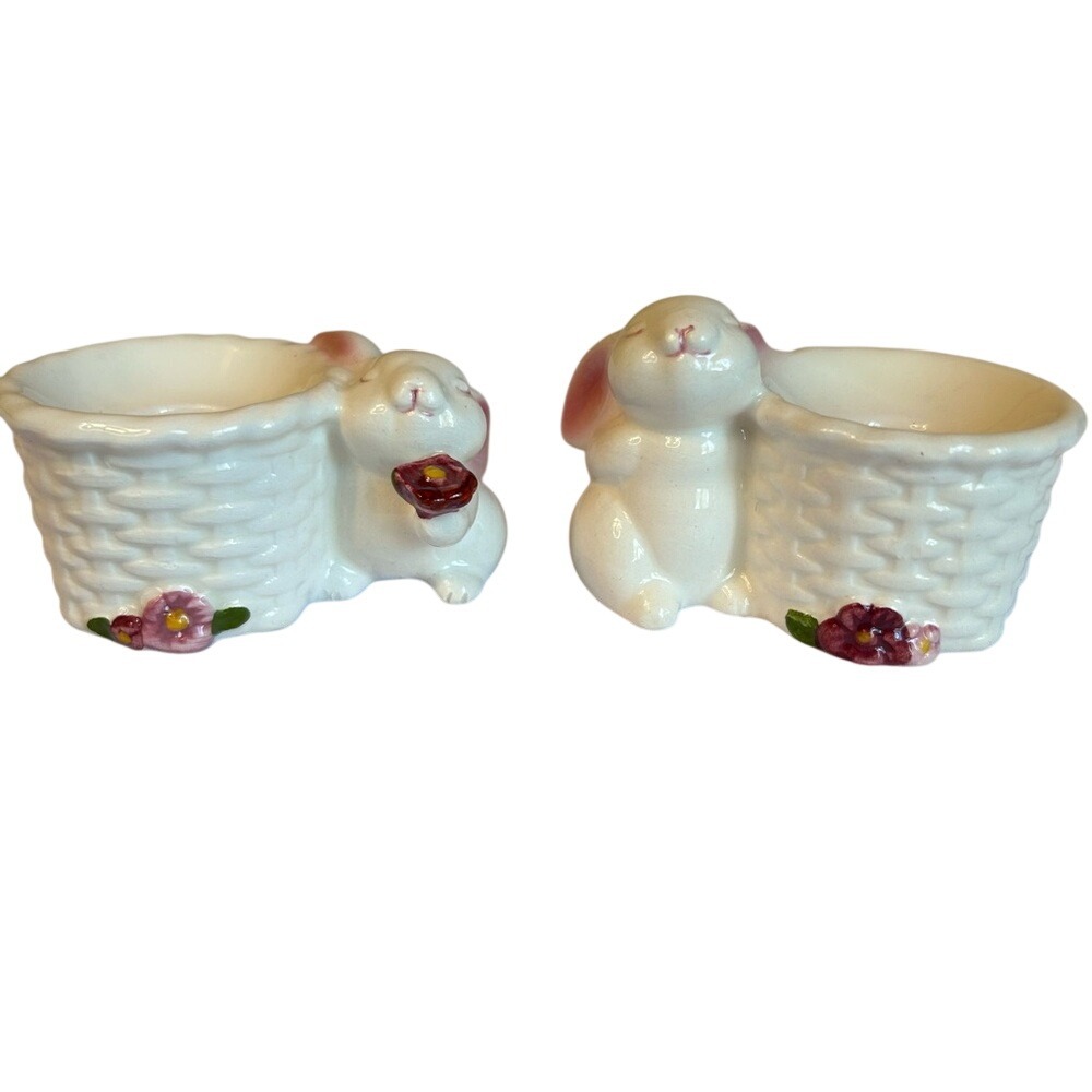 Vintage Avon 1982 Easter‎ Bunny Rabbit Ceramic Tapered Candlestick Holders 3X2